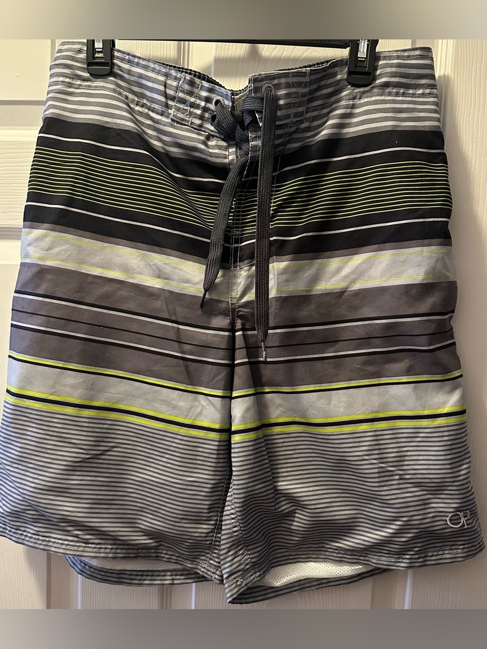 OP Men's Gray Swim Board Shorts with Black and Lime Stripes